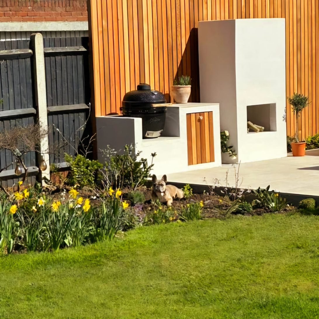 The same fireplace and barbecue plinth seen across the lawn, with daffodils in the border and a French bulldog lying in the sun.